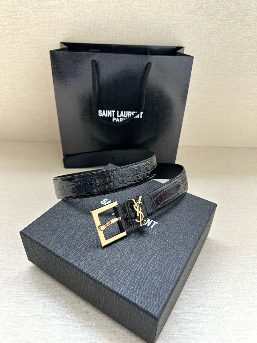 80サイズ★サンローラン ベルト 黒 ゴールドロゴ Saint Laurent Gold YSL Logo Genuine Calfskin Black Leather