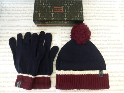 Ted Baker Herren Bommel Beanie & Handschuh Geschenkbox Set Navy Mütze Wollmix Mütze NEU