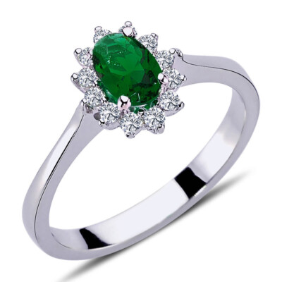 Halo Diamant Oval Smaragd Entourage Ring 14 Karat Weißgold