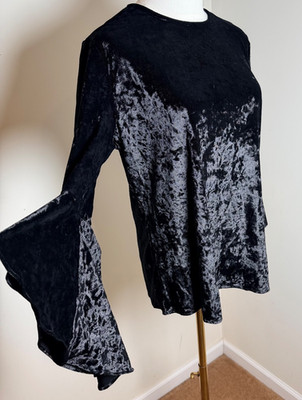 Context Black Crushed Velvet Top Bell Sleeve Boho Goth Witchy Stretch Blouse M