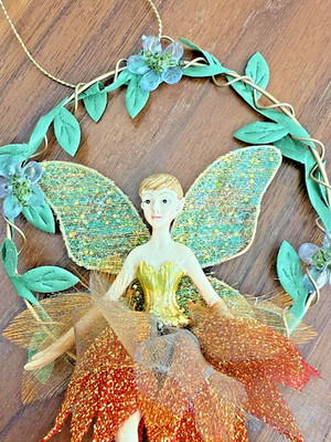 RARE Gisela Graham Sparkling Autumn Flying Fairy Wreath Swing Christmas Ornament