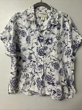 Cynthia Rowley 100% Linen Blouse Med  Boho Floral Button Down Lagenlook