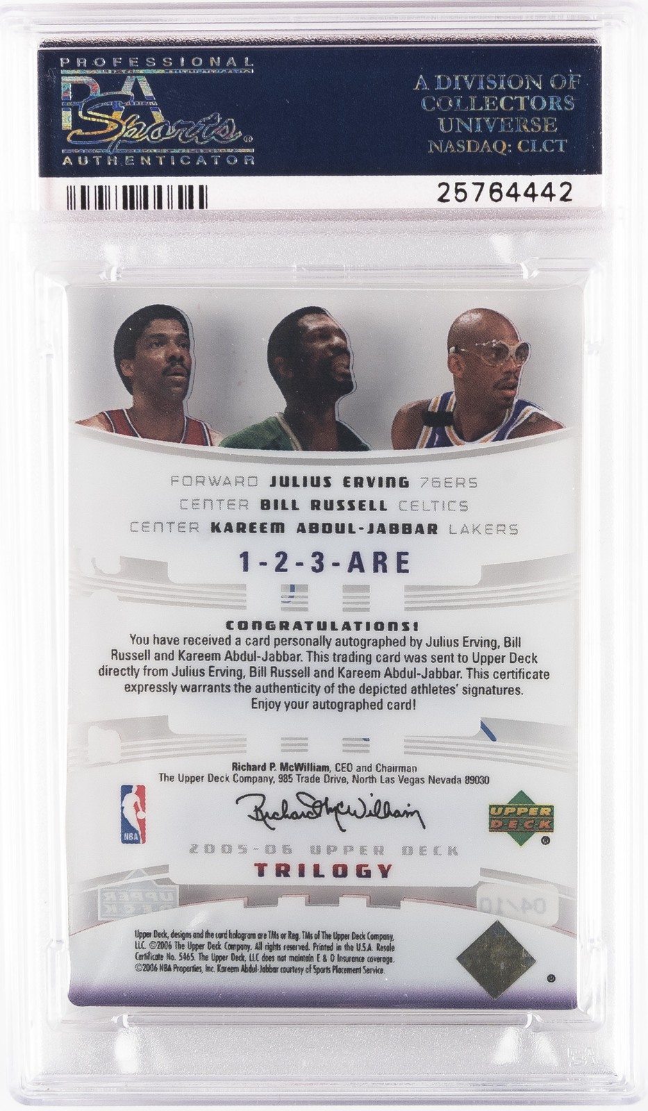 2005 UD TRILOGY 1-2-3 COMBO CLEAR CUT AUTO RUSSELL/ERVING/ABDUL-JABBAR PSA 9 view 2