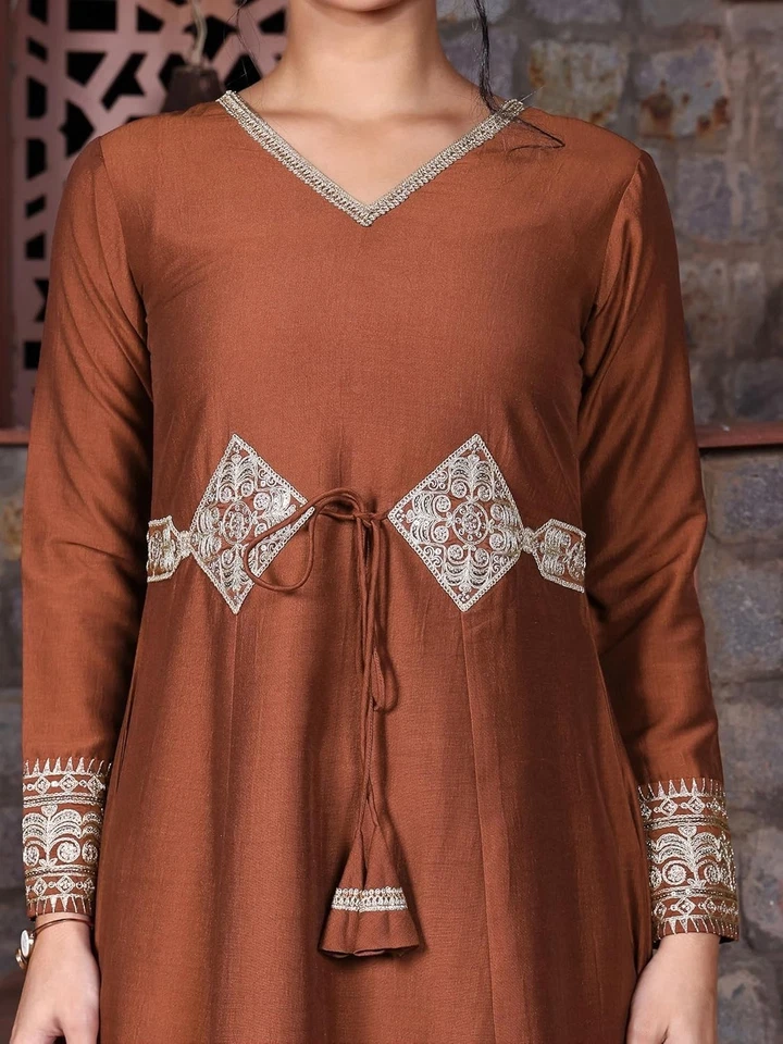 Women's Cotton Silk Embroidered Anarkali Kurta Palazzo with Digital Print Dupata - Image 4 of 4