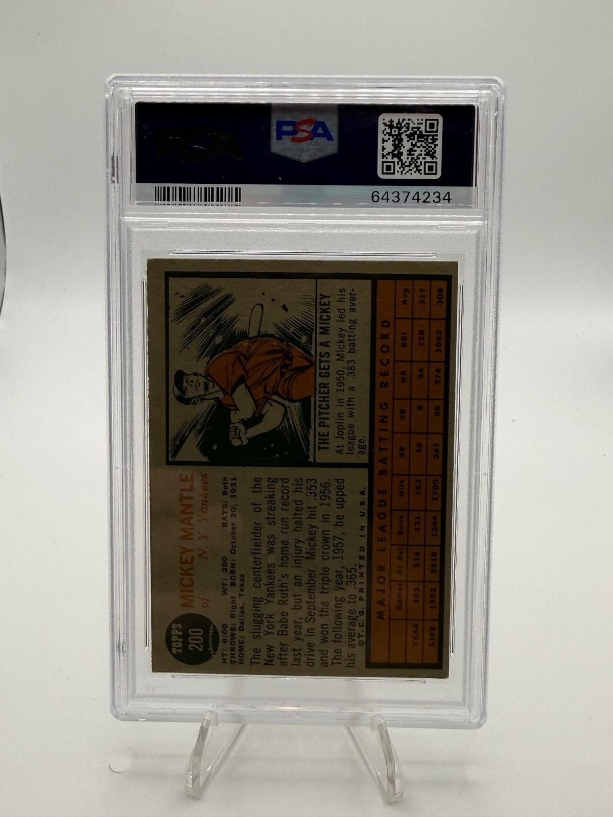 1962 Topps #200 Mickey Mantle PSA 3 view 2