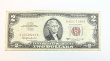 1963 2 Dollar Bill Red Seal Circulated United States of America Jefferson