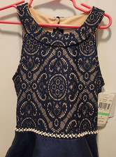 Monet Magic Girls Navy Lace Formal Dress Size 8 High-Low Pearl Trim Sleeveless