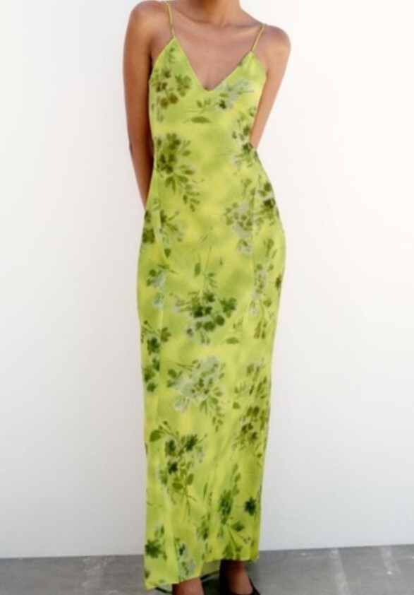 ZARA chartreuse green floral open back maxi dress sz L