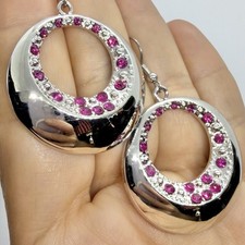 Vtg Bold Large Fuschia Pink Rhinestone Silvertone Circle Hoop Drop Earrings Hook
