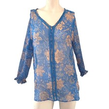 Soft Surroundings Blue Floral Print Sheer Long Sleeve Tunic Top Womens M Flowy