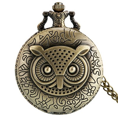 Owl Face Design Bronze Pocket Watch Arabic Numbers Quartz Unique Gift with Chain