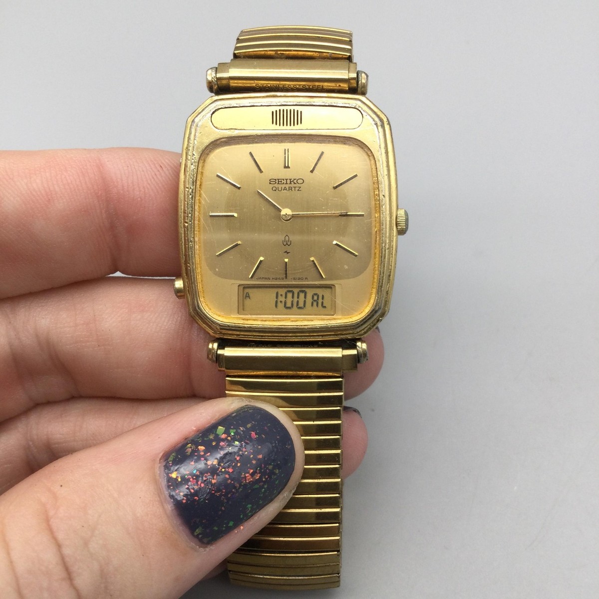 Vintage Seiko Men 29mm Watch H249-5090 Gold Tone Ana Digital Alarm