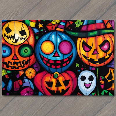 Art Print Pumpkin Skeleton Faces Witch Hat Halloween Stars Smiling Ghost Color P