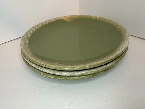 Hull USA Vintage AVOCADO Green Drip Glaze Three 10 1/2 Inch Plates