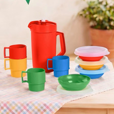 Colorful Kids Pretend Play Dish  Tea Set w/ Pitcher, Cups, Plates  Bowls