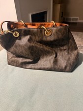 Michael Kors Brown MK Logo Tote Shoulder Bag Gold Chain Handles Zip Top