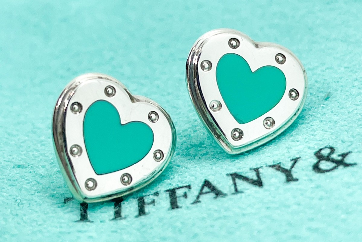 AUTHENTIC Tiffany & Co Blue Enamel Heart Love Stud Earrings