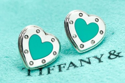 AUTHENTIC Tiffany & Co Blue Enamel Heart Love Stud Earrings