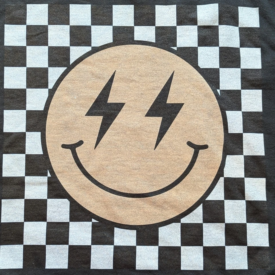 Sudadera grande vintage descolorida negra cara sonriente a cuadros relámpagos suéter patinador Foto 3 de 4