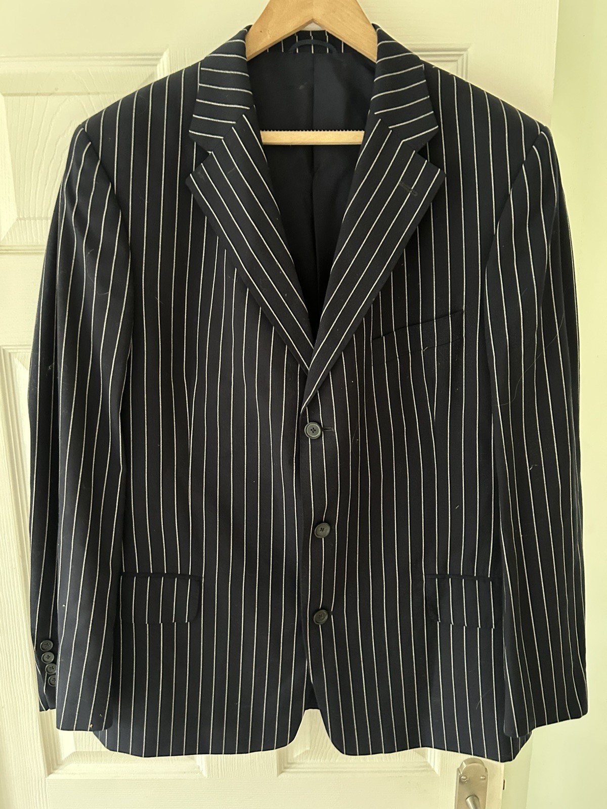 Holland Sherry Saville Row Bespoke Blue Pinstripe Suit Mens 46 Regular