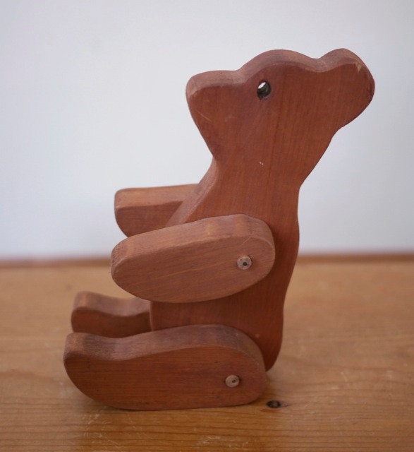 Vintage Rustic Primitive Handmade Solid Pine Wood Teddy Bear Moving