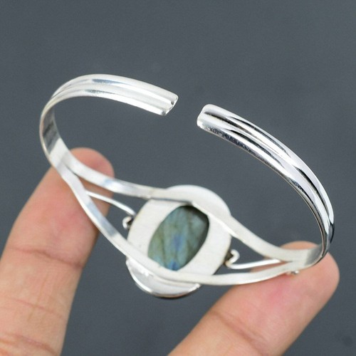 Natural Labradorite Bangle 925 Silver Handmade Women Cuff Bracelet Jewelry #053 - Picture 4 of 4