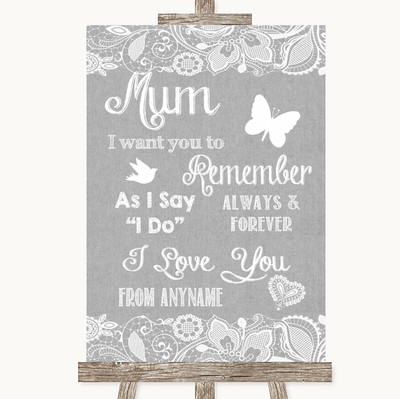 Personalisiertes Hochzeitsschild grau Sackleinen & Spitze Ich liebe dich Nachricht für Mama