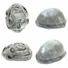 Mens Toupee Human Hair Replacement System Poly Skin V-loop Grey Hairpieces 1B65
