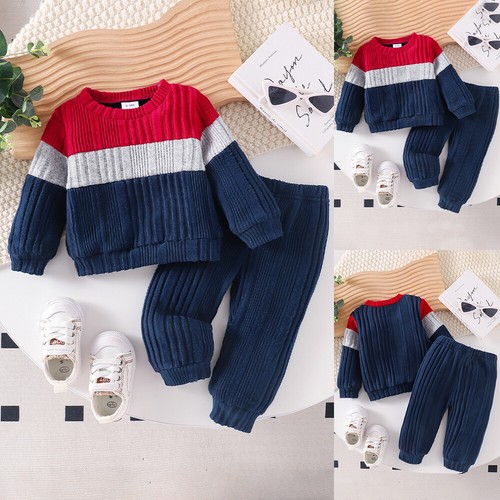 2pcs Baby Boys Winter Pullover Long Sleeve Tops Sweatshirts Thermal Pants Sets