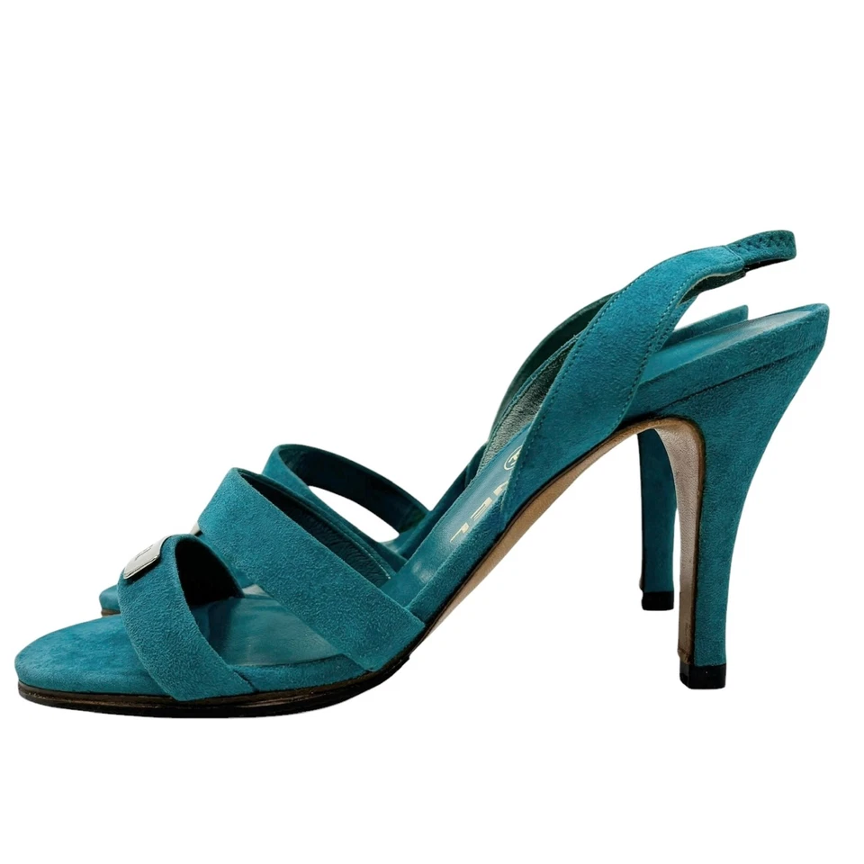CHANEL Vintage CC Logo Open Toe Sandals Heels #36 Blue Silver Suede - Image 4 of 4