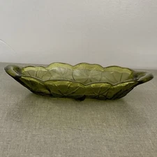 Avocado Green Oval Dish, Relish Dish Bowl Handled Floral Pattern Vtg 1960's MCM
