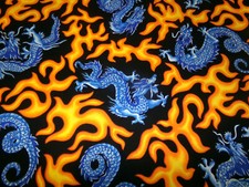 Blue Dragon Fabric with Flames by Cranston. 100 Cotton. USA. 36 x 45". J234-671