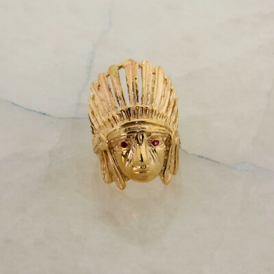 Men's 10K YG Native American Feather Bonnet Ring with Ruby Size 8 Circa 1960