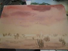 Original Watercolor By Peg Humphreys, Birds flying over Marsh 18"x 12"