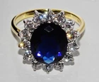 9ct Gold & Silver Blue Sapphire & cz Princess Diana Large Cluster Ring size Q
