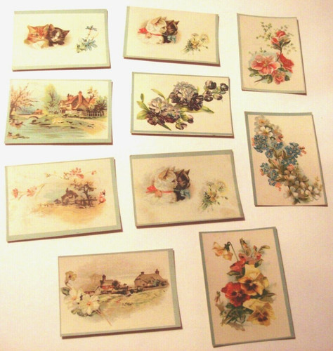10 Piece Lot of 3" x 4" Cards with Flowers, Cats or Homes Pictured - Backs Blank