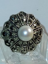 Vintage  MARCASITE  5.5 MM PEARL RING  Sterling Silver 5 GRAMS 925 SIZE 7