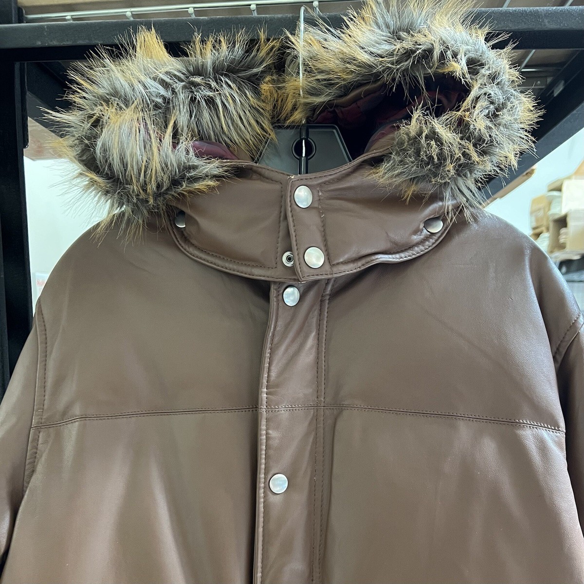 Vintage Supreme Down Filled Leather Hooded Quilted Jacket Brown Sz