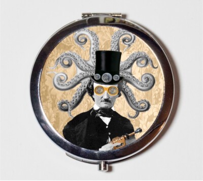 Steampunk Edgar Allan Poe Octopus Compact Mirror Make Up Pocket Mirror Cosmetic