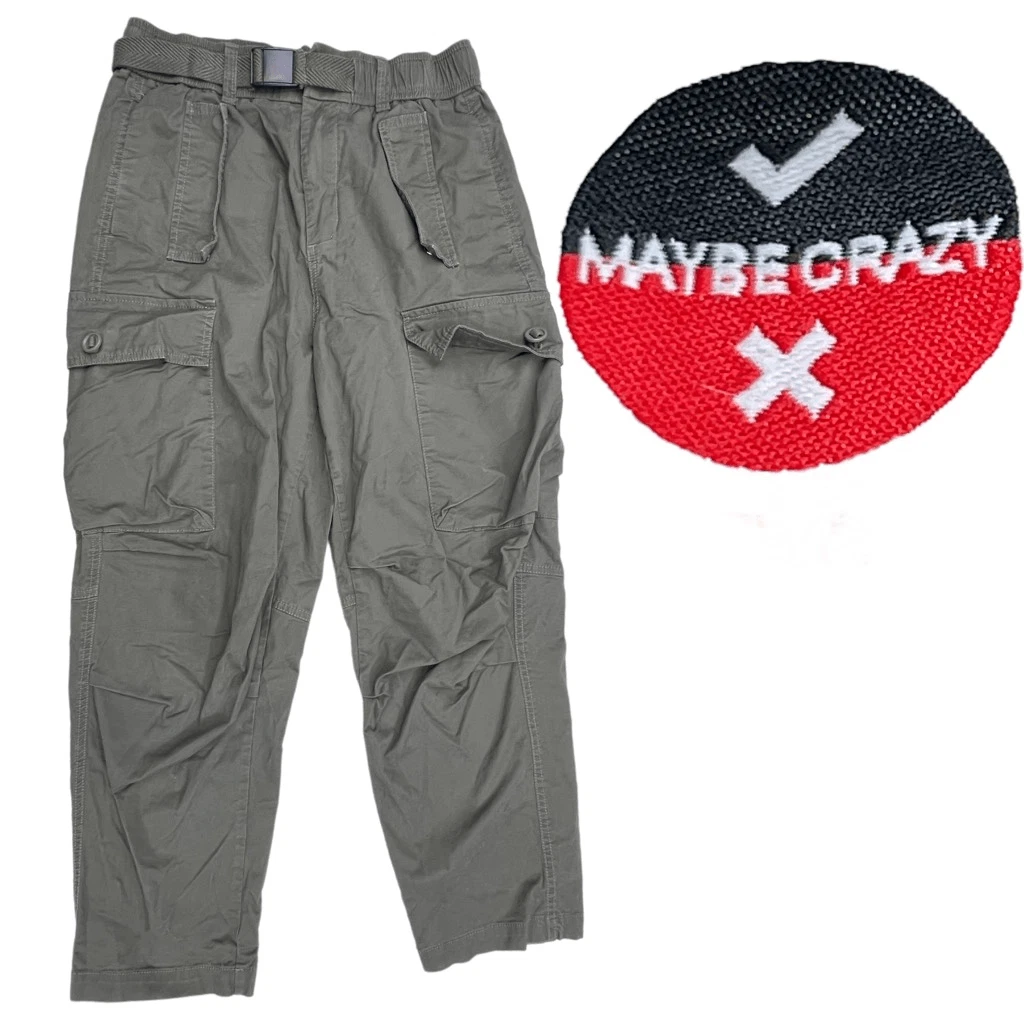Maybe Crazy Pants Men's Medium Green Olive Belted Cargo Pants Tapered Comfort