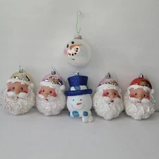 Mixed Santa Christmas Ornament Lot Of 6 Head Glitter Beards Plastic 5" & Snowman