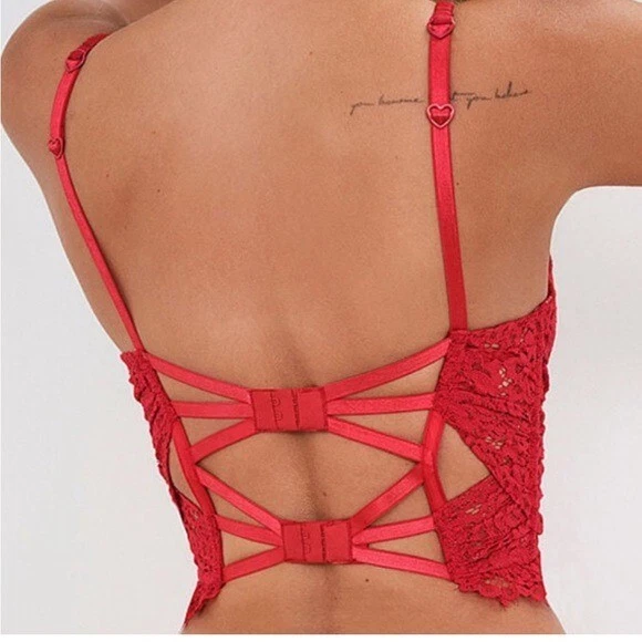 Nuevo con etiquetas For Love & Lemons Rosa Floral Encaje Corazón Bustier Lencería Top Sexy Rojo XS Foto 2 de 4