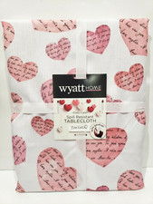 Valentines White Script Pink Hearts Fabric Tablecloth Home Decor 60"x104"