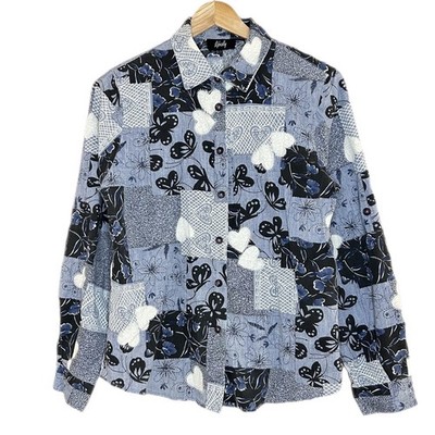 Vintage Tapestry Sashiko Floral Print Button Shirt Womens Small Roll Up Sleeve