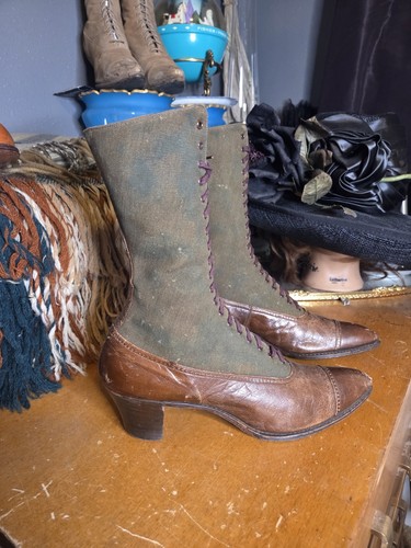 Brown Leather With Green Canvas Victorian Antique Boots - Picture 9 of 11