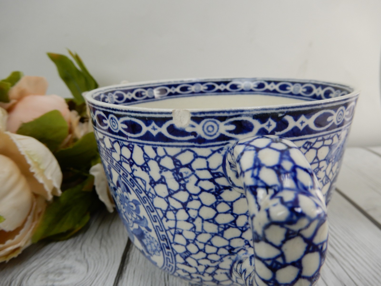 William Adams Pottery Pottery Blue & White Chinese Bird Jumbo Cup and Bowl