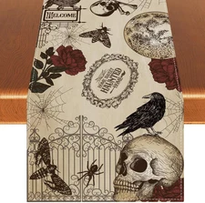Linen Retro Halloween Table Runner Halloween Gothic Skull Tablecloth Day of The