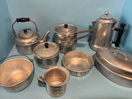 Vintage Metal Toy Kitchen Cookware, Coffee & Teapot, Roaster, Dbl Boiler, Cup ++