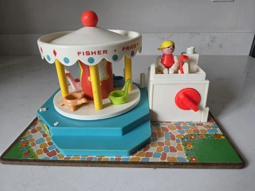 Vintage 1974 Fisher Price Little People Family Merry Go Round Carousel Works
