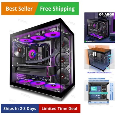 PC CASE ATX 4 Fans Pre-Installed, Type-C Mid Tower Computer Case with Full-Vi...